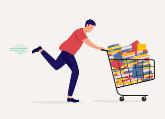 One Young Man Running Fast While Pushing Shopping Cart Loaded With Books. Full Length. Flat Design Style, Character, Cartoon.