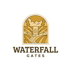 illustration of line art waterfall landscape