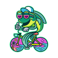 illustration of cartoon fish riding bycicle