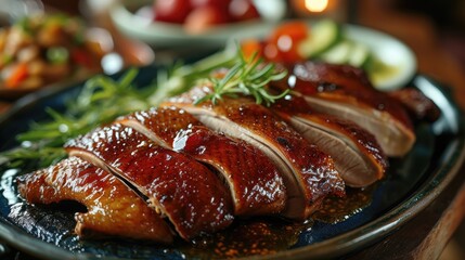 The roast goose and a small dish of delicious plum sauce, Adding to the flavor. Generative AI.