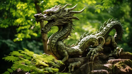 Foto op Canvas Chinese dragon sculpture in middle of green forest representing 2024 chinese new year sign the wood dragon © Keitma