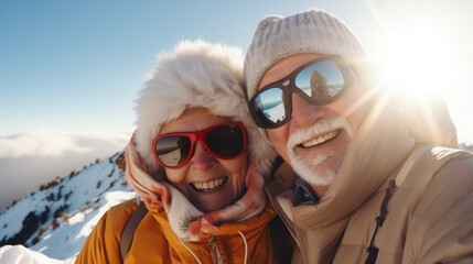 Fototapeta na wymiar Portrait of old elderly couple at top of snowy mountain for winter sports holidays