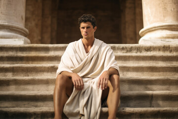 Man wearing a toga sitting on stairs on an ancient Roman temple - obrazy, fototapety, plakaty