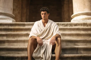 Poster Man wearing a toga sitting on stairs on an ancient Roman temple © Keitma