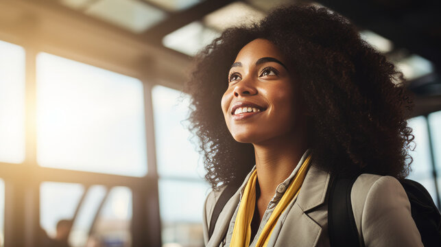Black afro American businesswoman on business trip in a transportation hub such as an airport showcasing resilience and adaptability, the woman dedication to her professional responsibilities