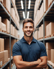 Happy professional worker looking at camera and smiling in the background warehouse with shelves full of delivery