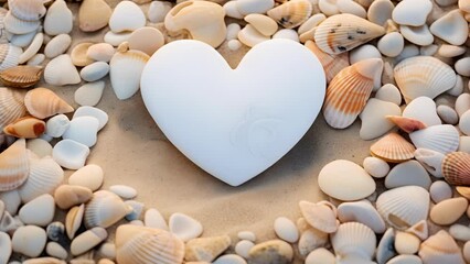 A touch of romance on the beach, as heart shapes imprint the sand and a carefully crafted podium showcases the raw beauty of seashells and beach glass.