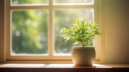 A houseplant on the windowsill on a sunny day.