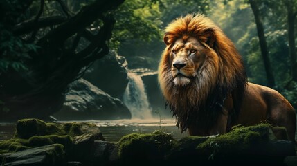 A lion standing in a forest by a gentle stream.