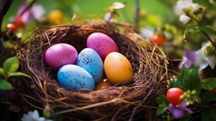 Fototapeta na wymiar A nest in the garden with colored eggs.