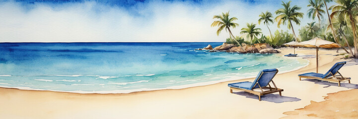 Fototapeta na wymiar deserted beach, blue sea, palm trees and sun loungers. banner. watercolor drawing