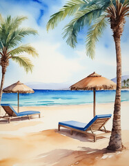 Obraz premium deserted beach, blue sea, palm trees and sun loungers. watercolor drawing