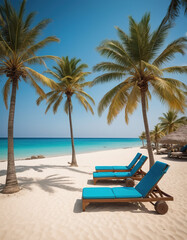 deserted beach, blue sea, palm trees and sun loungers. 