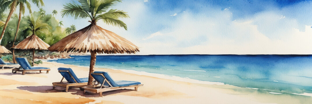 deserted beach, blue sea, palm trees and sun loungers. banner. watercolor drawing