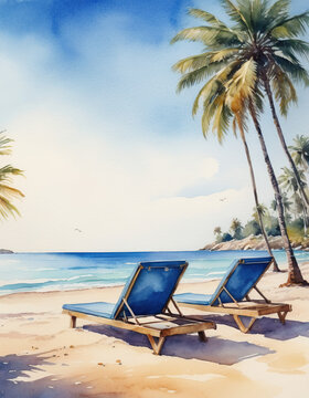 deserted beach, blue sea, palm trees and sun loungers.  watercolor drawing