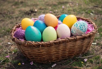 Painting easter eggs on wicker basket