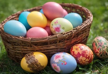 Obraz na płótnie Canvas Painting easter eggs on wicker basket
