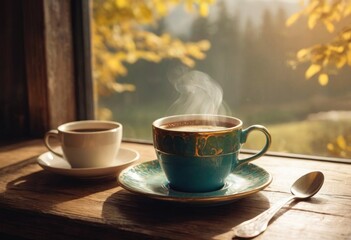 Steam rising from freshly prepared coffee in cup on table at home - obrazy, fototapety, plakaty