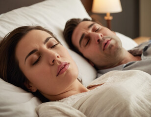 Obraz na płótnie Canvas upset woman in bed with her boyfriend snoring