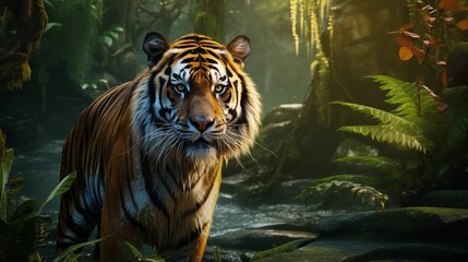 A tiger stands in the forest beside a calm stream.