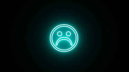 Glowing Sad face neon icon. Sad emoticon. Neon sad emotion icon on black background. Glowing neon sky blue sad emoji icon sign
