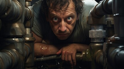 The intense eyes of a plumber, beads of sweat on his face, as he repairs a leak in a cramped, humid space. - obrazy, fototapety, plakaty
