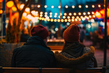 Fototapeta premium Cozy Winter Evening at Fair. Couple enjoying a fair at night.