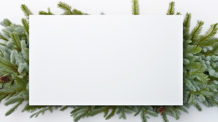 White empty banner and fir trees, Blank business card with Christmas tree branches, for Free space for design, Invitation to an event or party. Advertising information.