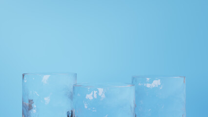 水色背景に円形の氷の台座。3つ。3D（横長）