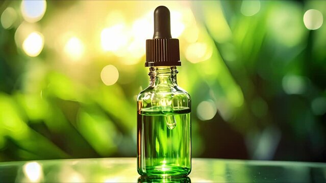 Closeup of a recycled glass pump bottle, displaying a vibrant green facial oil with a dropper for controlled application.