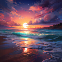 A serene beach at sunset with vibrant colors.