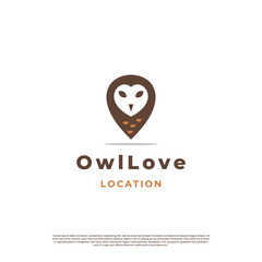 Owl love location logo, owl face with map pointer logo concept modern