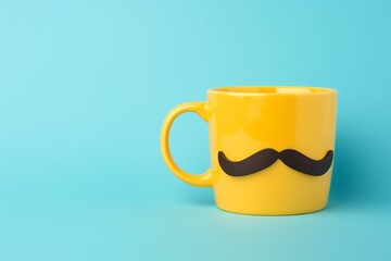 Blue mug with a mustache on light yellow background. Copy space. Fathers day concept