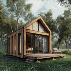 Tiny one floor timber frame house with double front doors and terrace design,minimalism, cluster, type 36