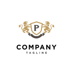 Letter P Lion Shield vintage logo icon vector template