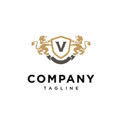 Letter V Lion Shield vintage logo icon vector template