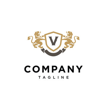 Letter V Lion Shield vintage logo icon vector template