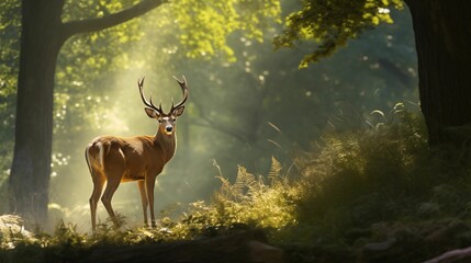 Deer standing in a grassy forest.