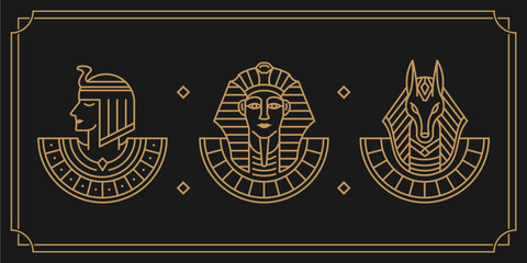 Cleopatra, pharaoh and Anubis Ancient Egypt god vintage art hipster line art Illustration vector. vintage artwork linear style collection set. wallpaper art of Egypt gods on dark background - obrazy, fototapety, plakaty