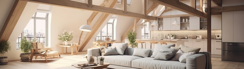 modern expensive luxurious open-plan apartment. Rich Scandinavian-style interior with wooden beams...