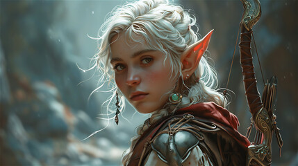 Elf ranger with with hair and braids in the woods with bow and arrows - obrazy, fototapety, plakaty