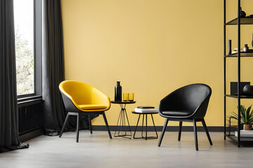minimal yellow unicolor  background. two mat black chairs.