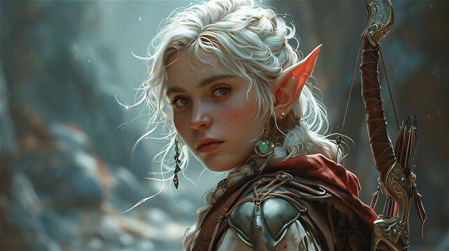 Elf ranger with with hair and braids in the woods with bow and arrows
