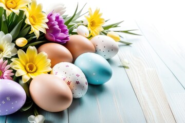 Obraz na płótnie Canvas easter eggs and flowers on white background