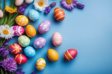 Fototapeta na wymiar easter eggs and flowers on blue background