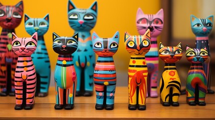 Group of Cat Figurines on Wooden Table