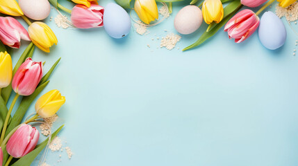 frame with colorful painted easter eggs and tulips on blue pastel background 