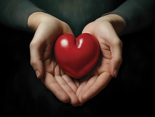 Hands gently holding a red heart.
