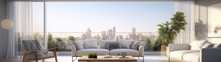 Modern living room with designer furniture. Sofa with light cushions and balcony view. Nobody inside. Frontal view, panorama