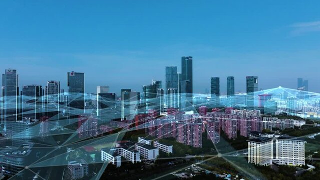smart Connected city skyline. Futuristic network concept, city Technology.